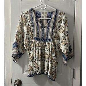 Lucky Brand Women's V-Neck 3/4 Sleeve Floral Bohemian Pleated Blouse Siz…